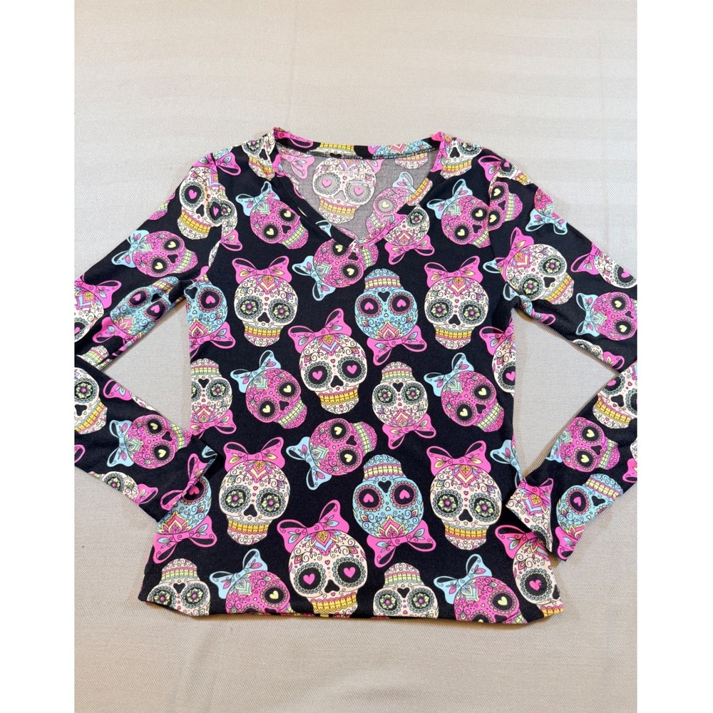 No Boundaries Sugar Skull Long Sleeve Top Black Pink V-Neck Size M 7-9 1927